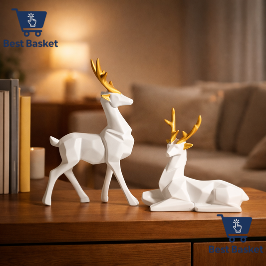 Luxury White & Gold Deer Showpiece Set – Modern Home Decor Statue for Living Room & Office